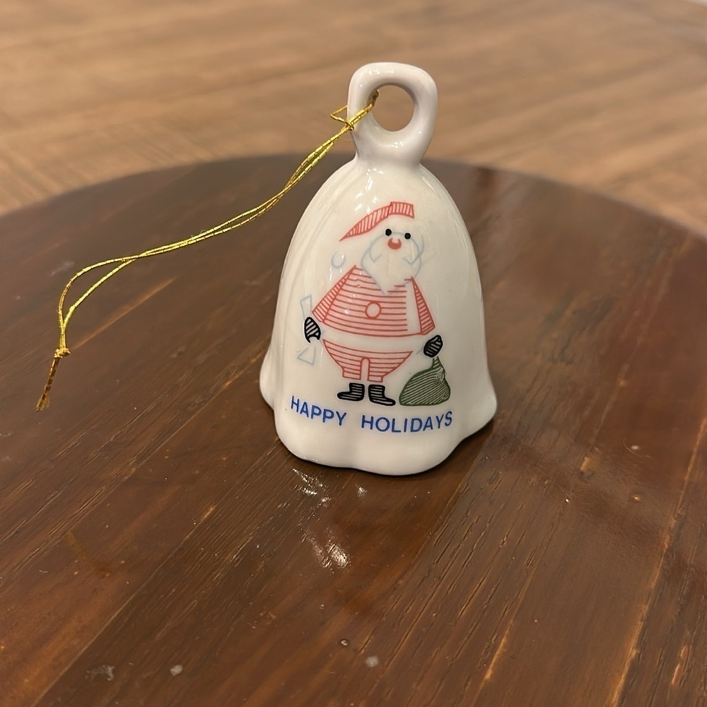 Classic Santa Happy Holidays Dinner Bell with gold cord for hanging on the tree